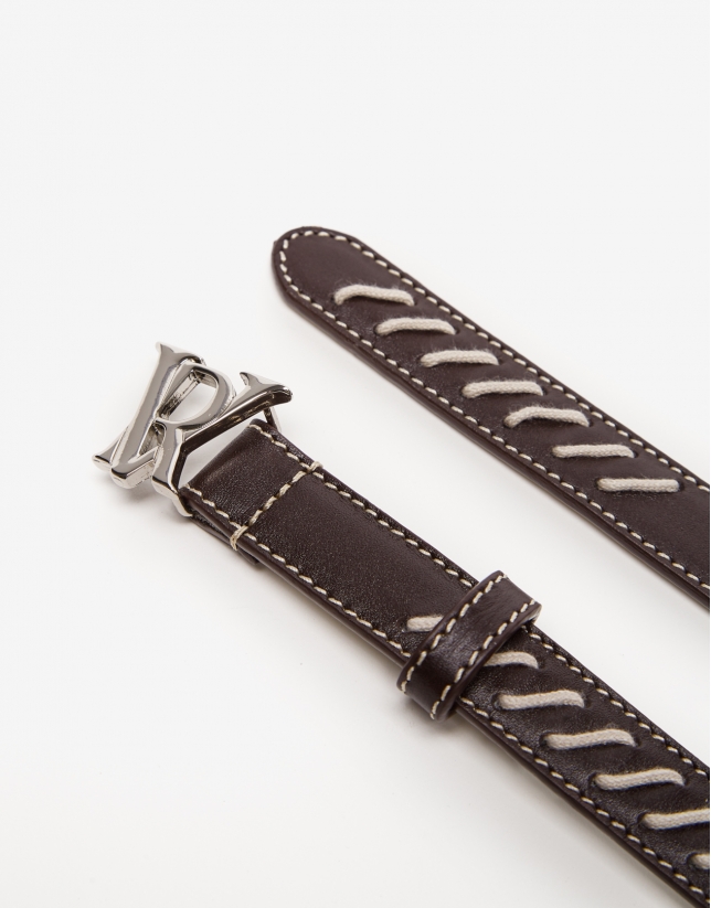 Brown leather belt with beige interlacing