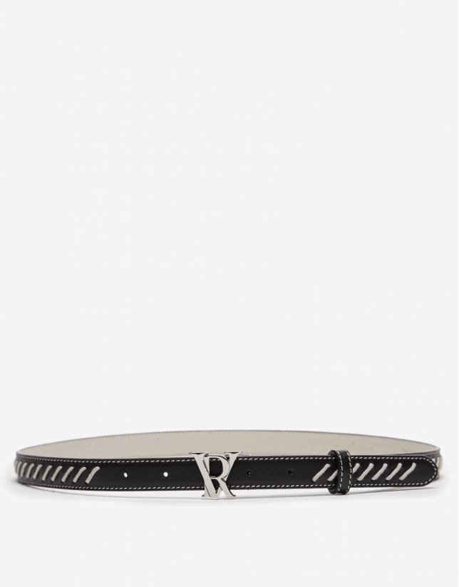 Black leather belt with beige interlacing