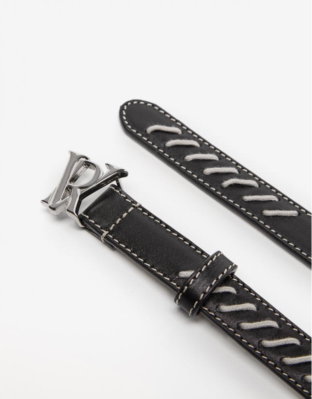 Black leather belt with beige interlacing
