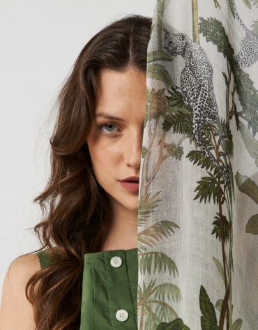 Ivory silk and wool foulard with green palm trees