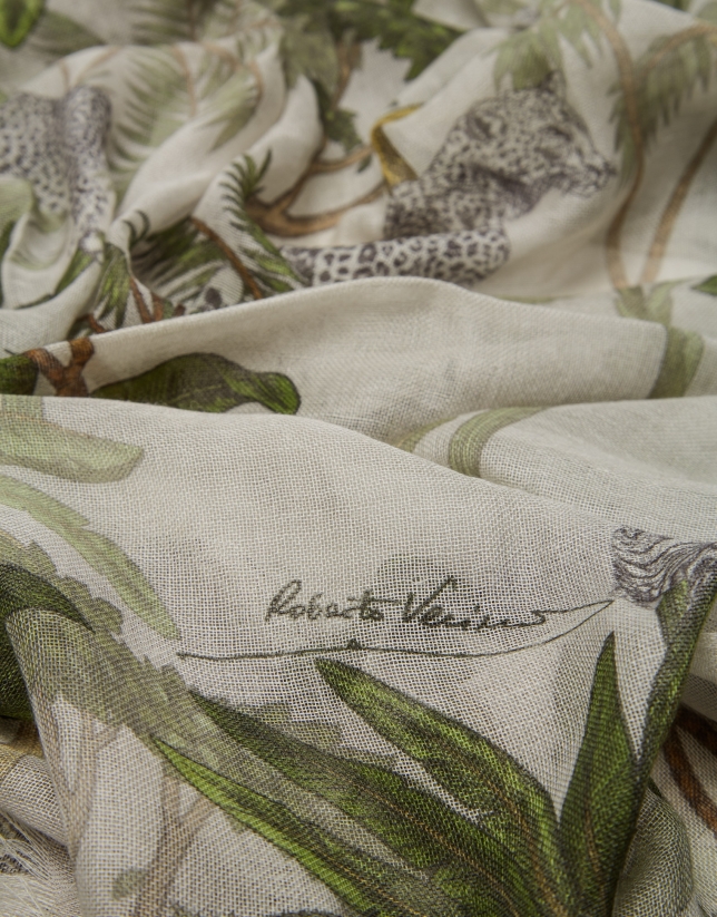 Ivory silk and wool foulard with green palm trees