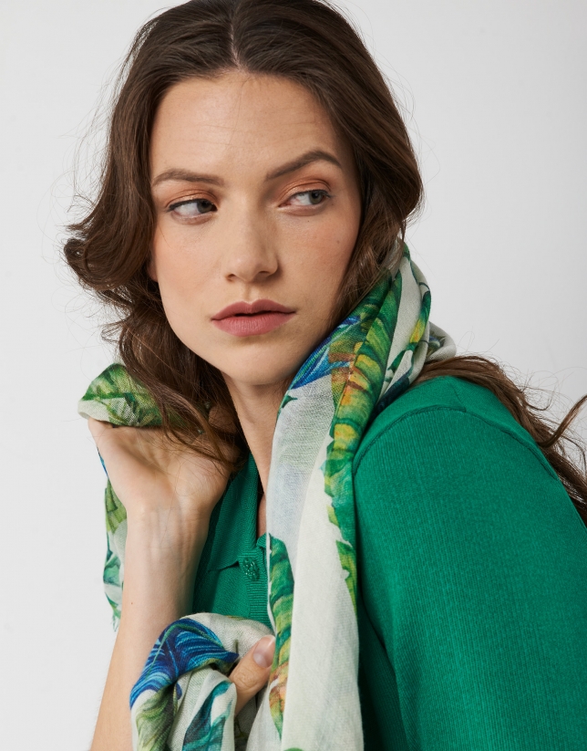 Beige silk and wool foulard with blue and green leaf print