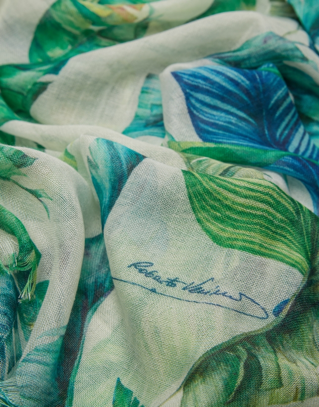 Fular seda y lana crudo con hojas azul y verde