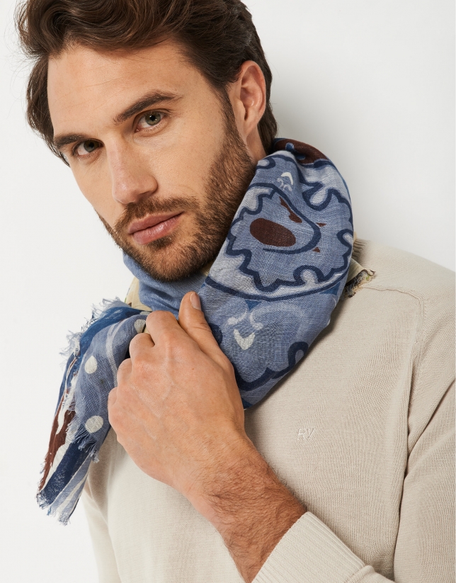 Two-tone foulard with blue and ivory panels