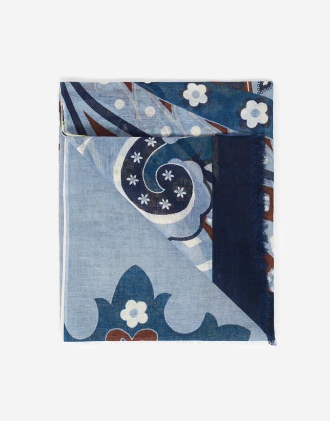Two-tone foulard with blue and ivory panels