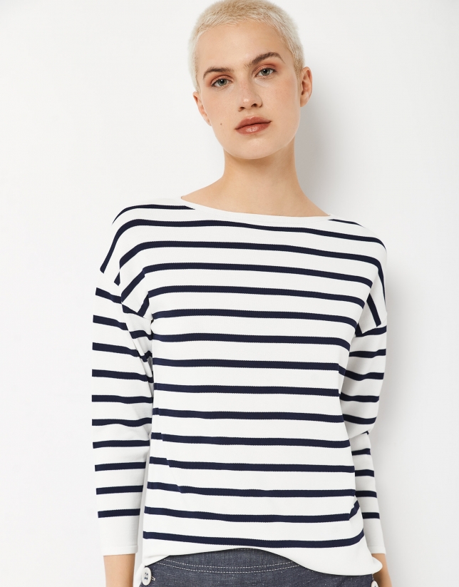 Navy blue and white striped sweater with raglan sleeves