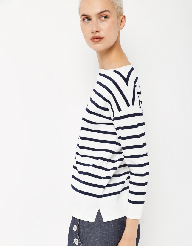 Navy blue and white striped sweater with raglan sleeves