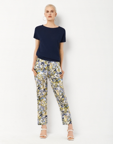 Yellow floral printed trousers with gathered waist