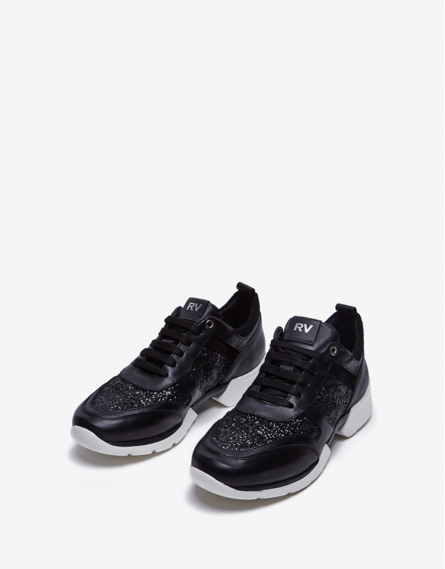 Black leather and glitter running shoes