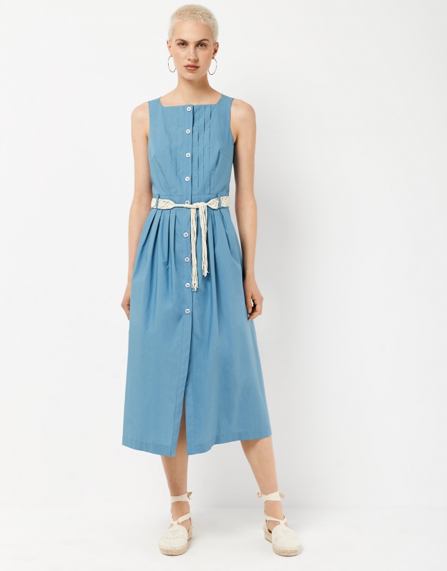 Long shirtwaist blue dress with straps