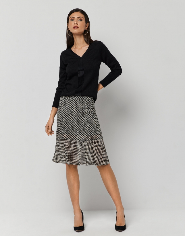 Black, beige and gold print skirt with flounce