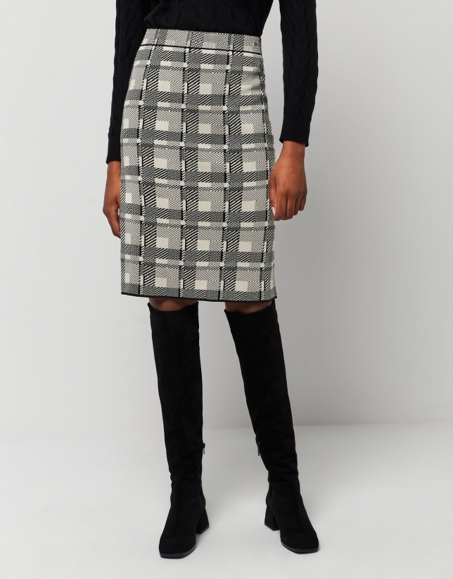 Black checked knit midi skirt