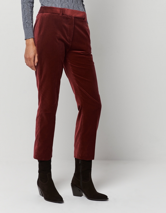 Burgundy velvet tailored pants