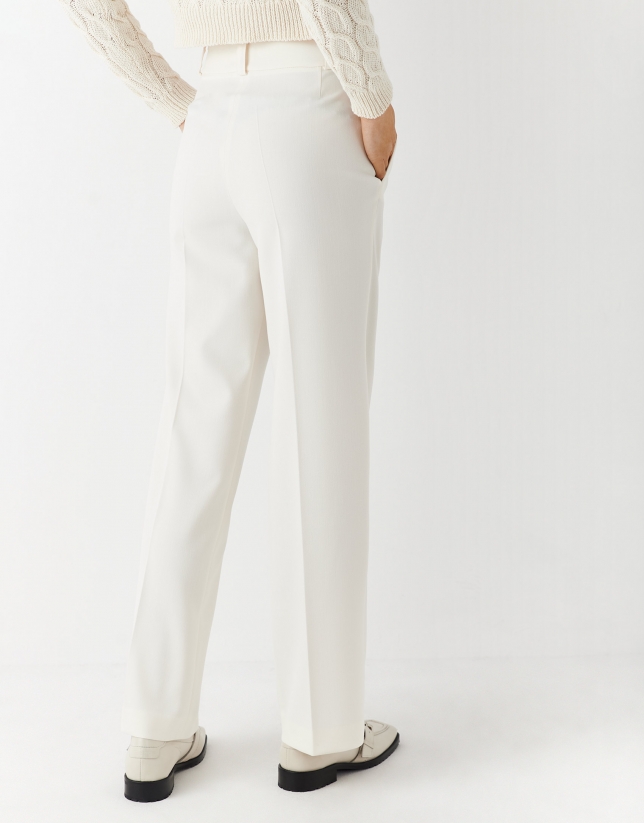 Light beige crepe pants with Swiss embroidery