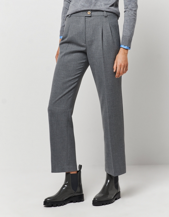 Dark grey straight crepe pants with darts