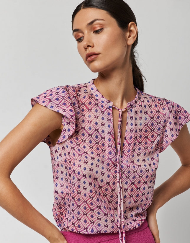 Pink and beige print, short-sleeved top
