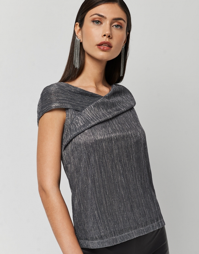 Shiny silver gray knit draped top