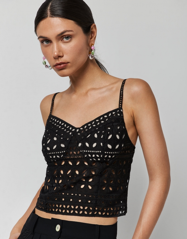 Short black cropped halter top with openwork fabric