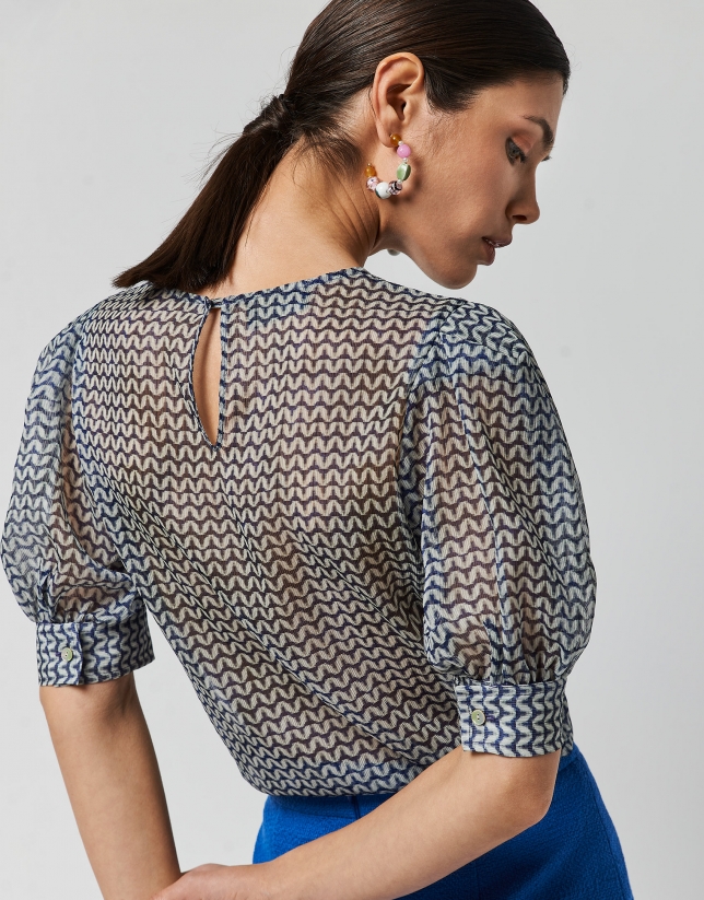 Blue print blouse with French sleeves