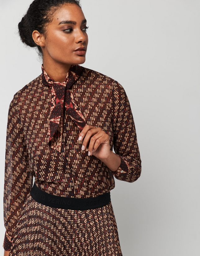 Brown, red and blue print blouse with jabot collar