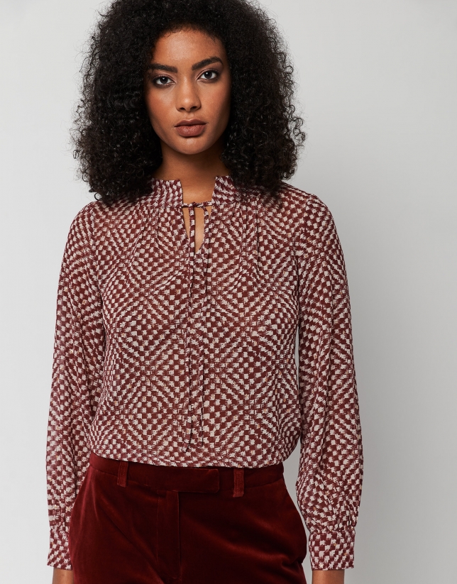 Red and gold print blouse with boat neck