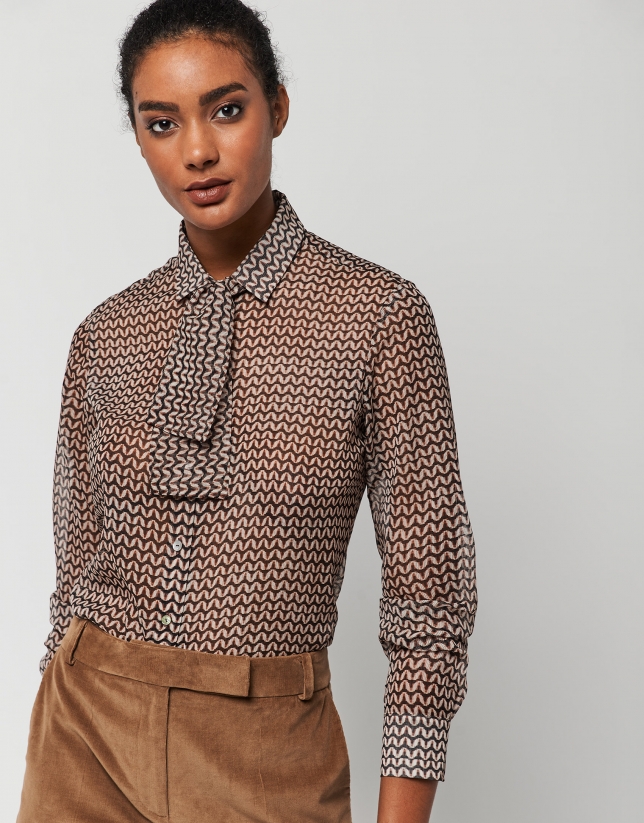 Brown geometric print shirt with bow collar