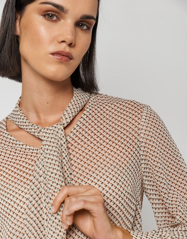 Brown micro-print blouse with V-neck and bow