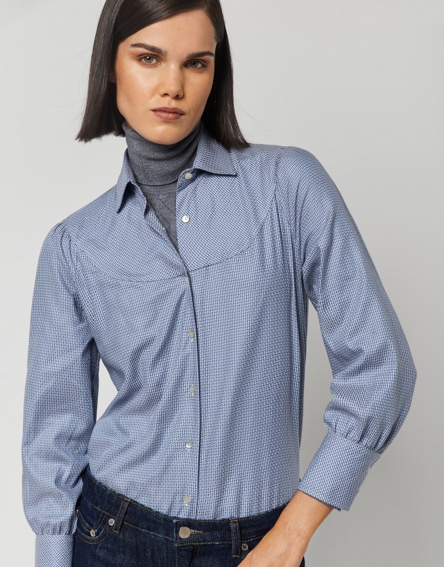 Blue blouse with printed front yoke