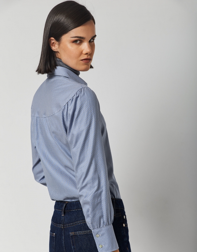 Blue blouse with printed front yoke