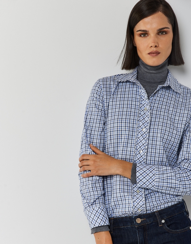 Blue checked shirt with gathering at the collar 
