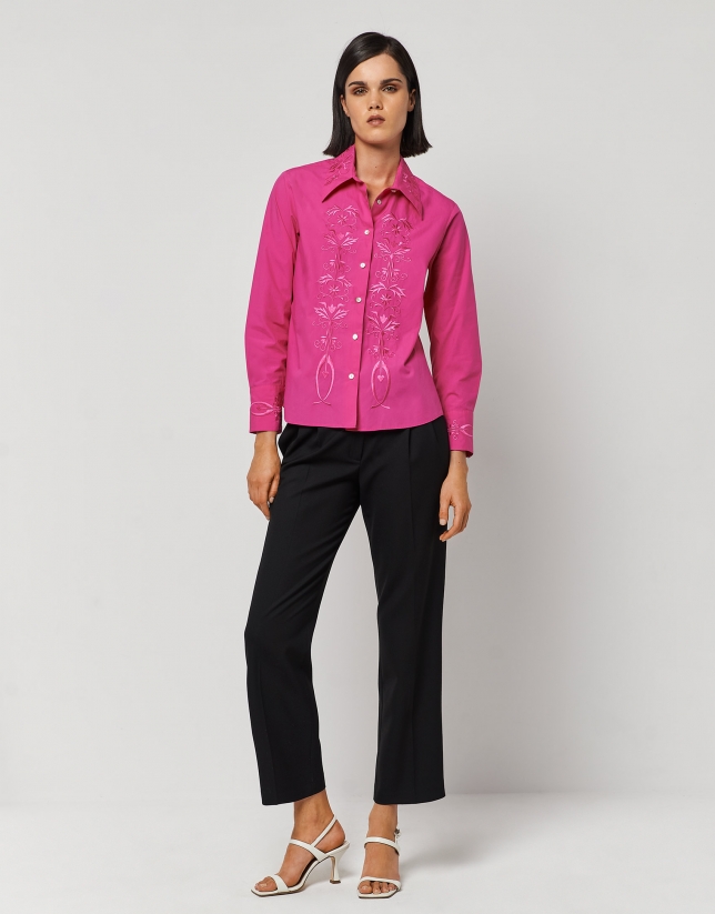 Fuchsia cotton shirt with embroidered front