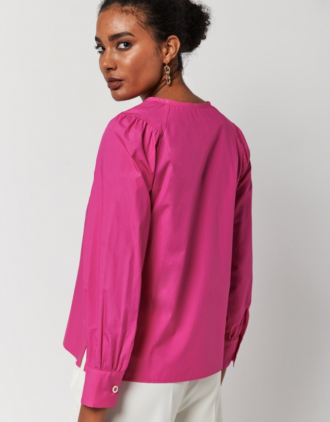 Fuchsia blouse with V-neck and bow