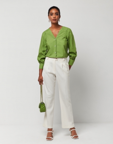 Green blouse with V-neck and bow