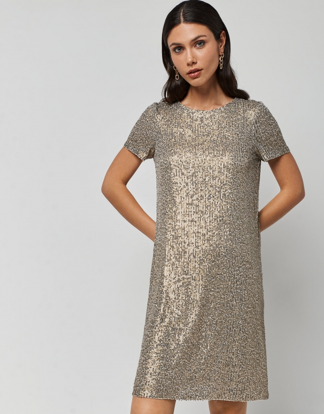 Short-sleeved dress with gold sequins