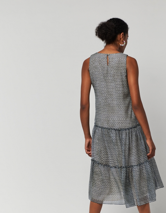 Sleeveless A-line dress with blue print