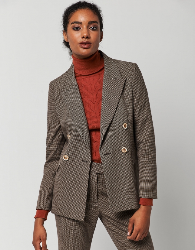Brown houndstooth double breasted blazer