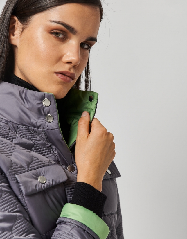 Gray and green reversible windbreaker with down quilting