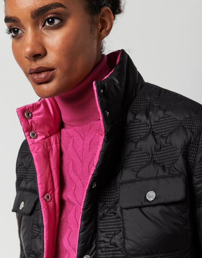 Black and fuchsia reversible windbreaker with down quilting