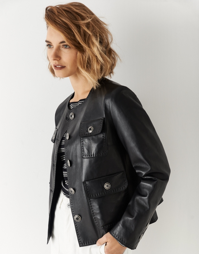 Black leather windbreaker with four pockets