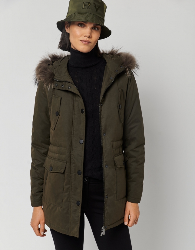 Green quilted parka with fur trimmed hood