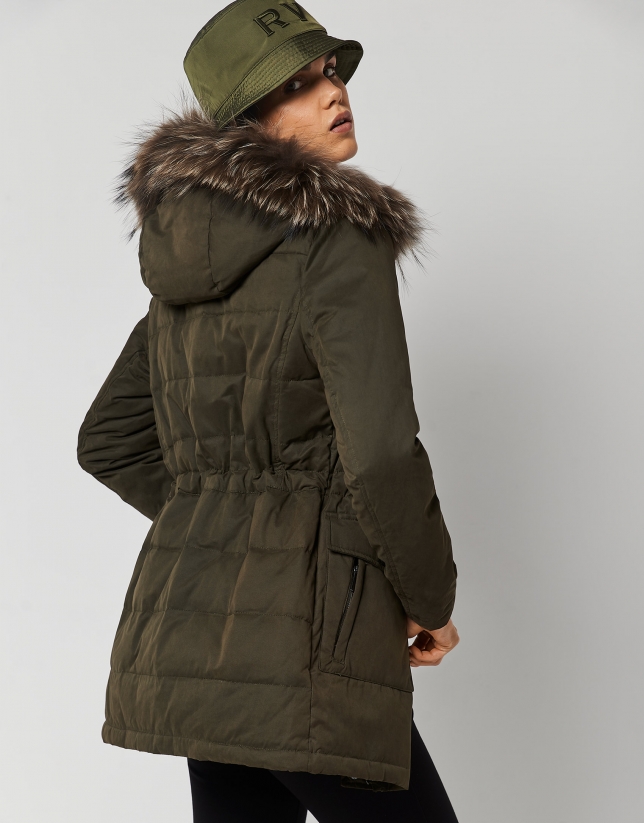Green quilted parka with fur trimmed hood