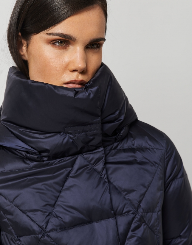 Long dark navy blue quilted coat with hood