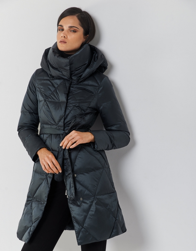 Long green quilted coat with hood