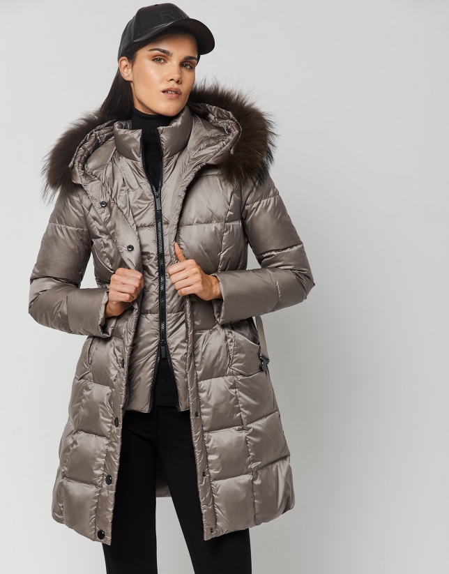 Long mink quilted coat with fur hood