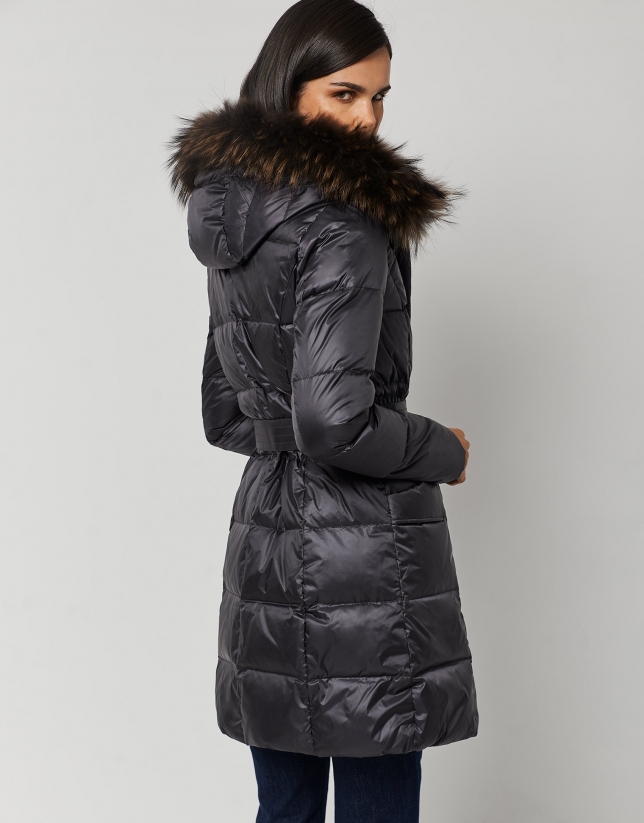 Long dark gray quilted coat with fur hood
