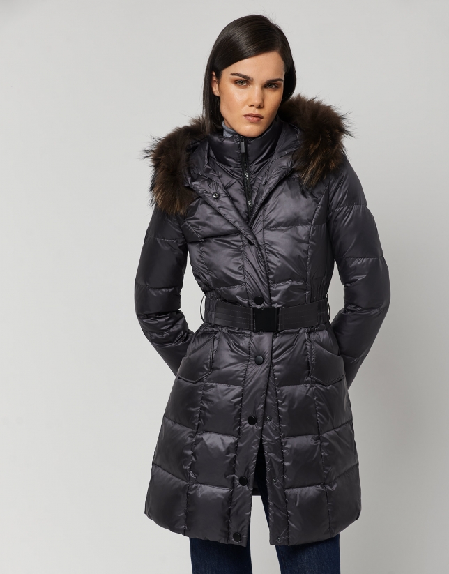 Long dark gray quilted coat with fur hood