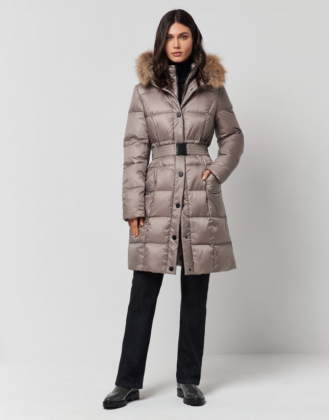 Long taupe quilted coat with fur hood