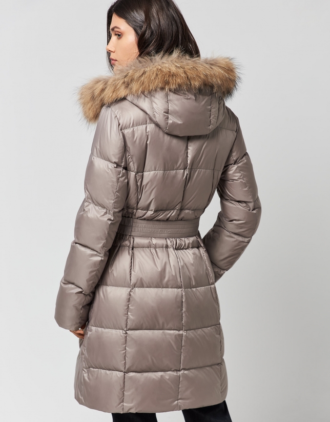 Long taupe quilted coat with fur hood