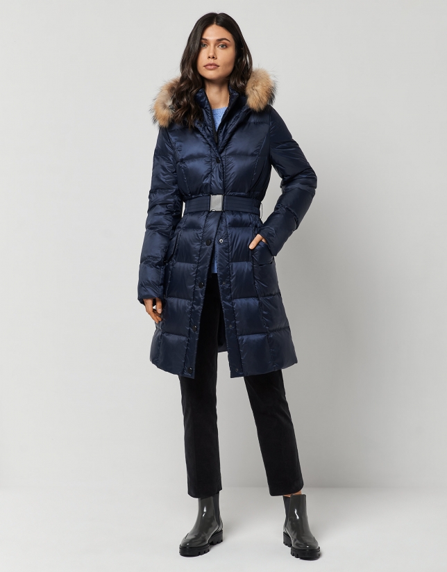 Long dark blue quilted coat with fur hood