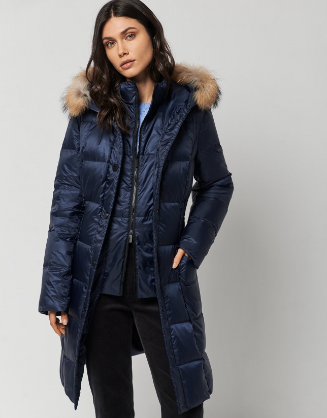 Long dark blue quilted coat with fur hood